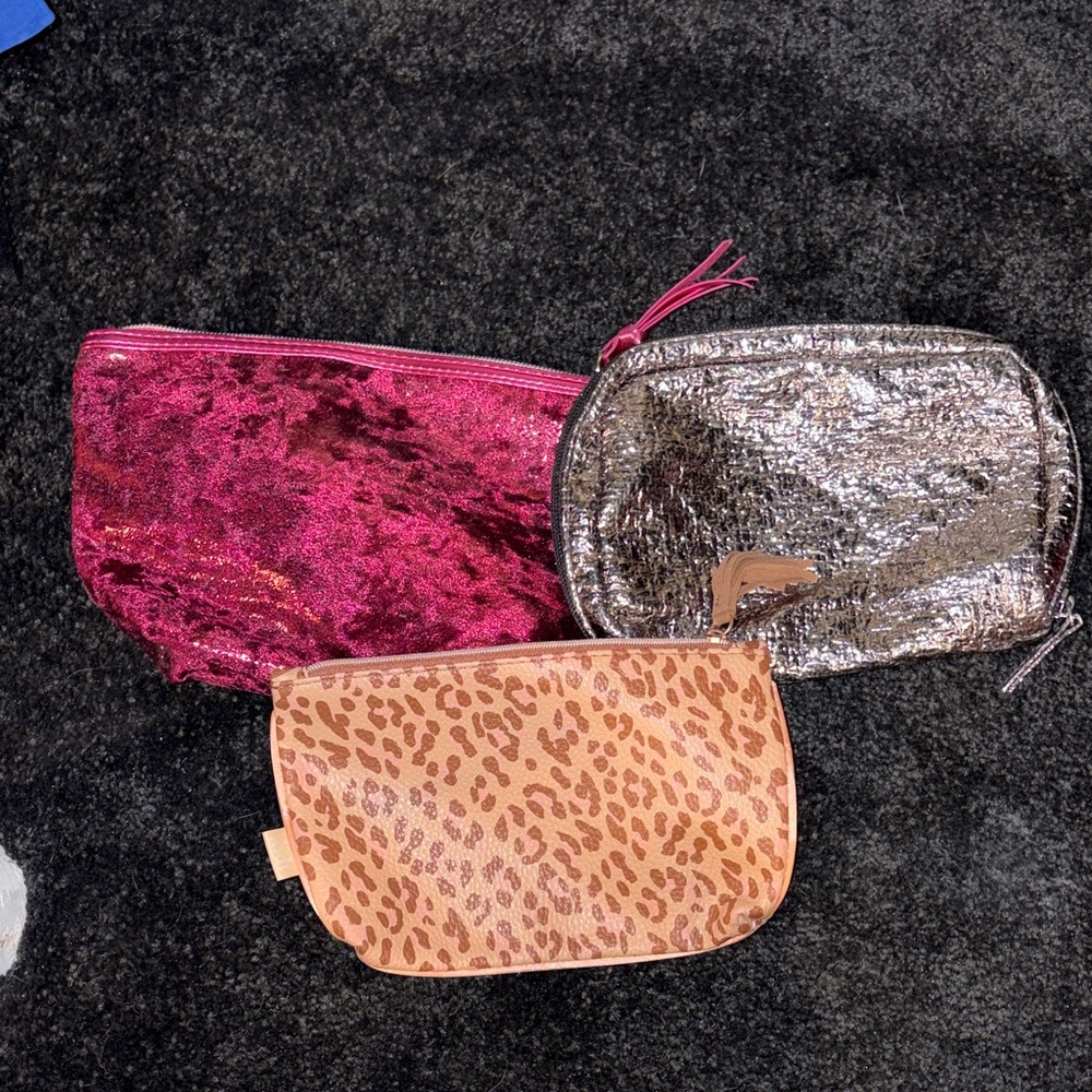 Set of 3 Women’s Cosmetic Pouches - Pink, Silver & Leopard